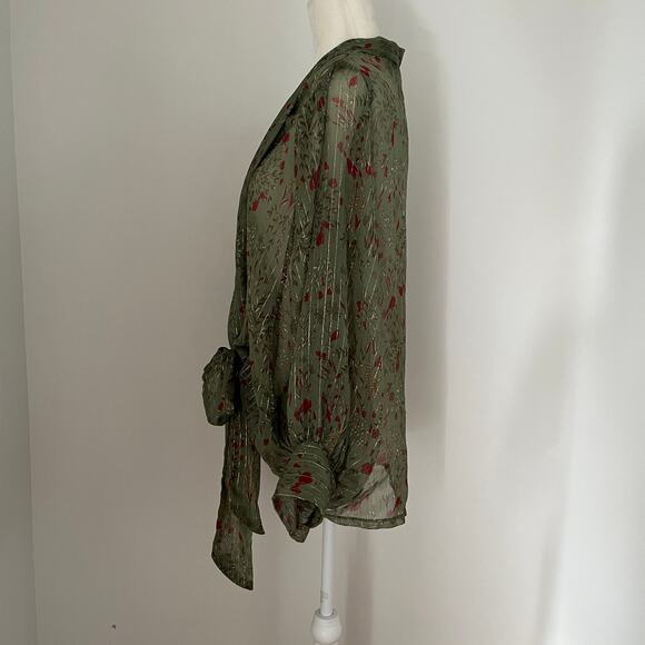 Free People All Tous Kantha Shimmer Tie Kimono Top Blouse Green One Size - Picture 4 of 6